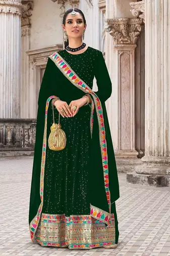 green georgette embroidered & sequined semi stitched suit