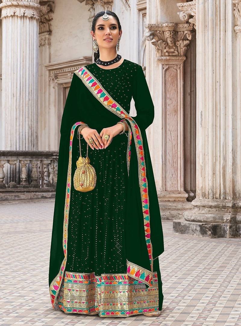 green georgette embroidered & sequined semi stitched suit