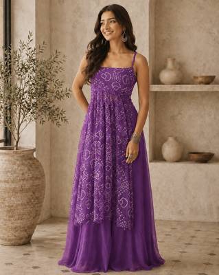 purple faux georgette bandhani semi stitched suit 1