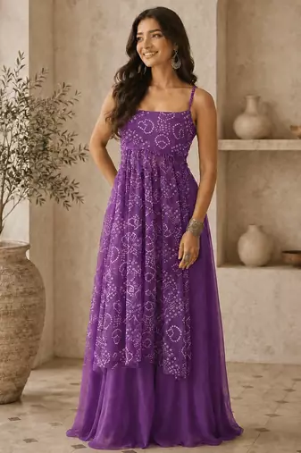 purple faux georgette bandhani semi stitched suit