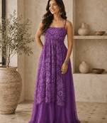 purple faux georgette bandhani semi stitched suit