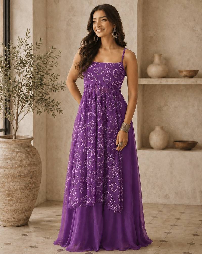 purple faux georgette bandhani semi stitched suit