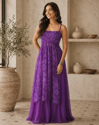 purple faux georgette bandhani semi stitched suit 2