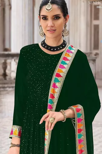 green georgette embroidered & sequined semi stitched suit