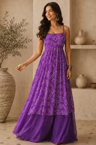 purple faux georgette bandhani semi stitched suit