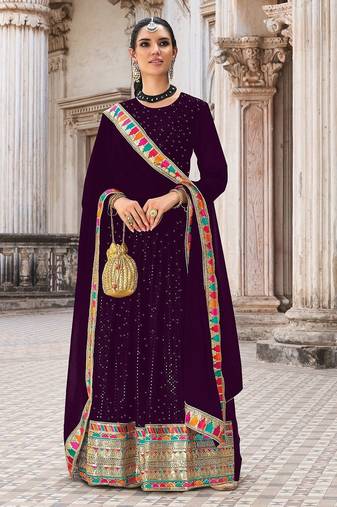 purple georgette embroidered & sequined semi stitched suit
