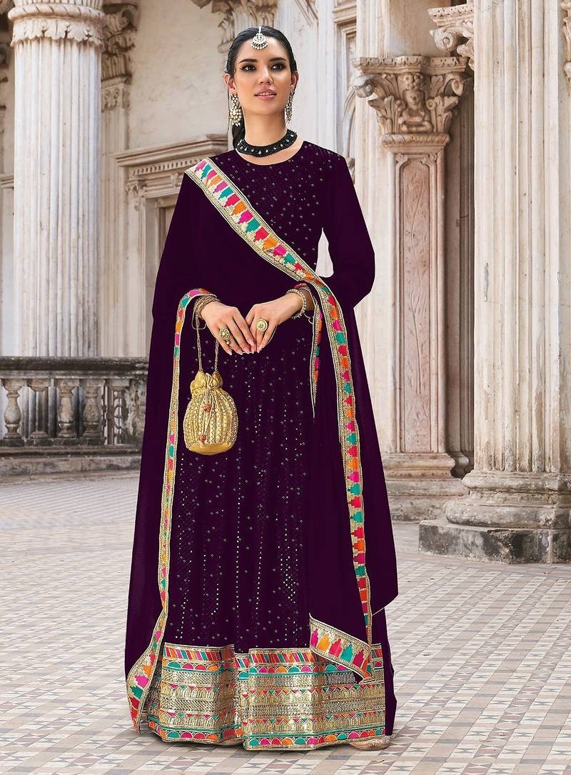 purple georgette embroidered & sequined semi stitched suit