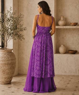 purple faux georgette bandhani semi stitched suit 4
