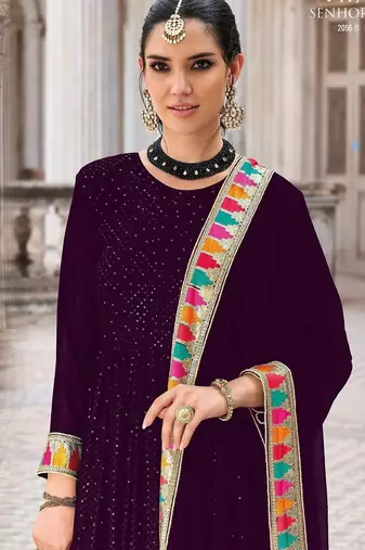 purple georgette embroidered & sequined semi stitched suit