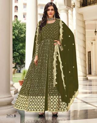 olive green georgette embroidered & sequined semi stitched suit 1
