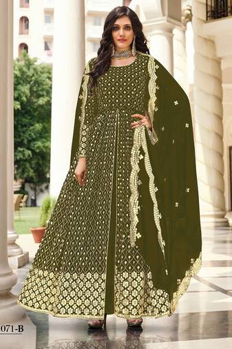 olive green georgette embroidered & sequined semi stitched suit