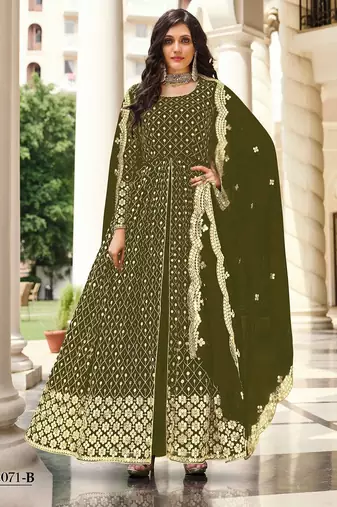 olive green georgette embroidered & sequined semi stitched suit