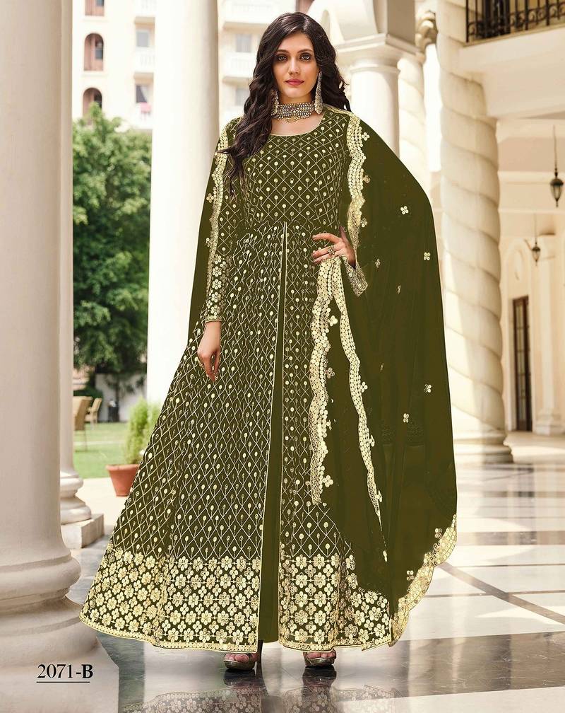 olive green georgette embroidered & sequined semi stitched suit