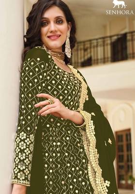 olive green georgette embroidered & sequined semi stitched suit 2