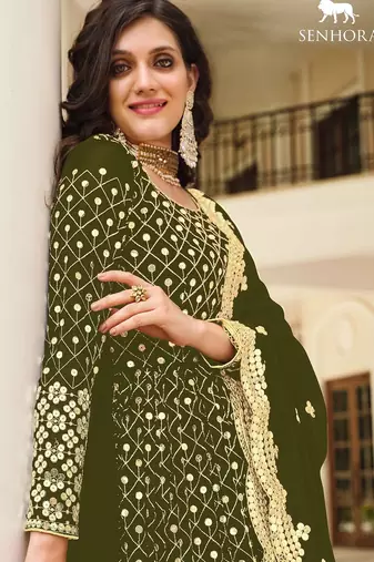 olive green georgette embroidered & sequined semi stitched suit
