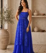 blue faux georgette bandhani semi stitched suit
