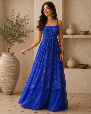 blue faux georgette bandhani semi stitched suit 3