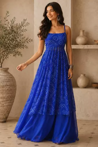 blue faux georgette bandhani semi stitched suit