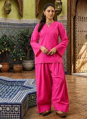 pink cotton blend solid semi stitched suit 1