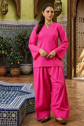 pink cotton blend solid semi stitched suit