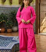 pink cotton blend solid semi stitched suit