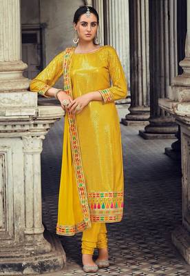 mustard georgette embroidered & sequined semi stitched suit 1