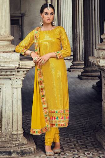 mustard georgette embroidered & sequined semi stitched suit