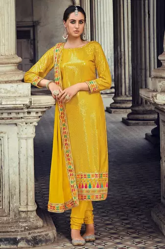 mustard georgette embroidered & sequined semi stitched suit