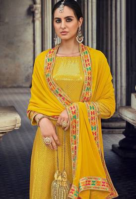 mustard georgette embroidered & sequined semi stitched suit 2