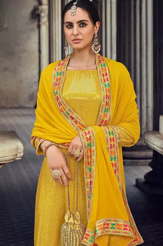 mustard georgette embroidered & sequined semi stitched suit