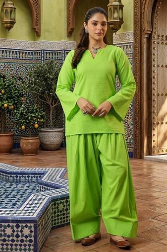 lime green cotton blend solid semi stitched suit
