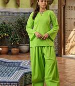 lime green cotton blend solid semi stitched suit