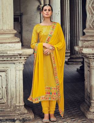 mustard georgette embroidered & sequined semi stitched suit 3