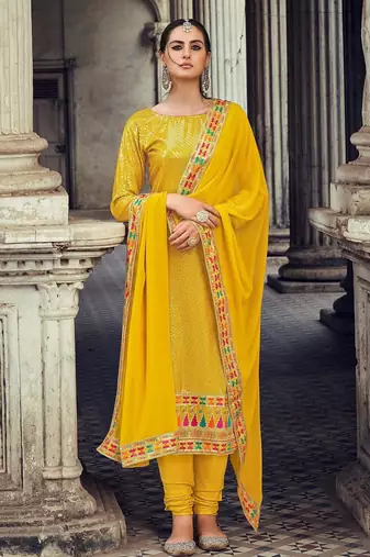 mustard georgette embroidered & sequined semi stitched suit