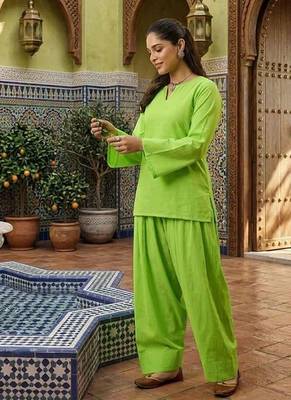 lime green cotton blend solid semi stitched suit 2