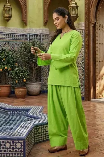 lime green cotton blend solid semi stitched suit