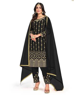 black silk blend embroidered & mirror work semi stitched suit 1