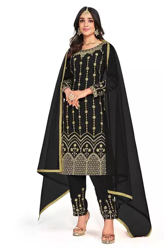 black silk blend embroidered & mirror work semi stitched suit