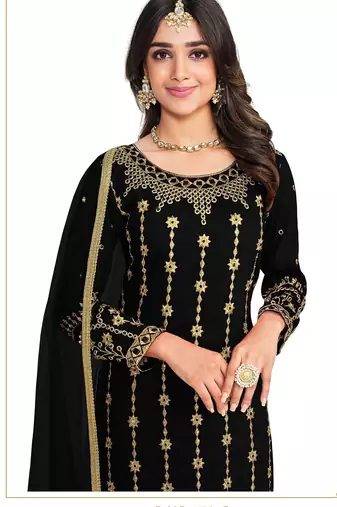 black silk blend embroidered & mirror work semi stitched suit
