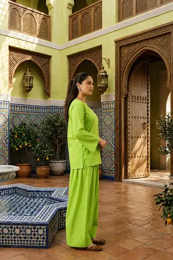 lime green cotton blend solid semi stitched suit