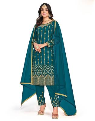 teal blue silk blend plastic mirror embroidered and sequined semi stitched suit 1