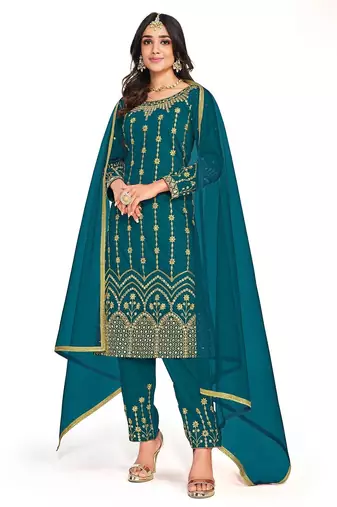 teal blue silk blend plastic mirror embroidered and sequined semi stitched suit