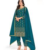 teal blue silk blend plastic mirror embroidered and sequined semi stitched suit