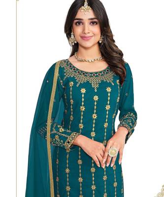 teal blue silk blend plastic mirror embroidered and sequined semi stitched suit 2