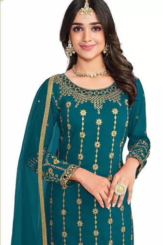 teal blue silk blend plastic mirror embroidered and sequined semi stitched suit