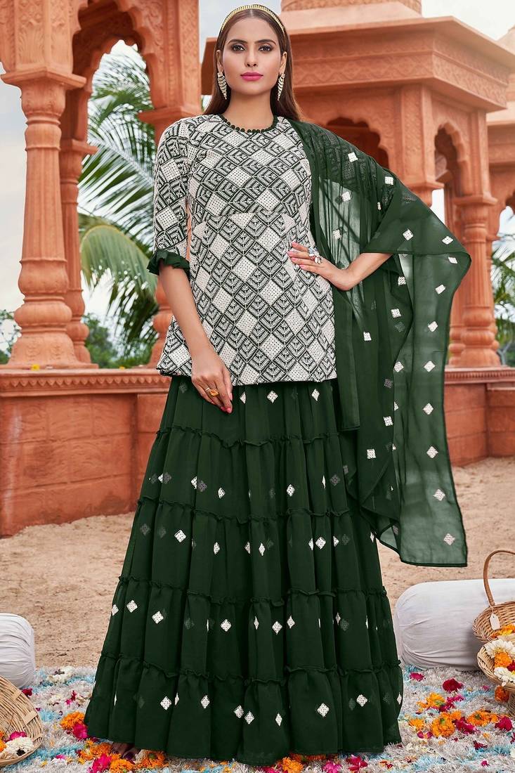 green georgette embroidered & thread semi stitched suit