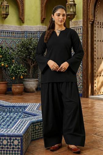 black cotton blend solid semi stitched suit