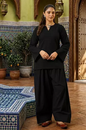 black cotton blend solid semi stitched suit