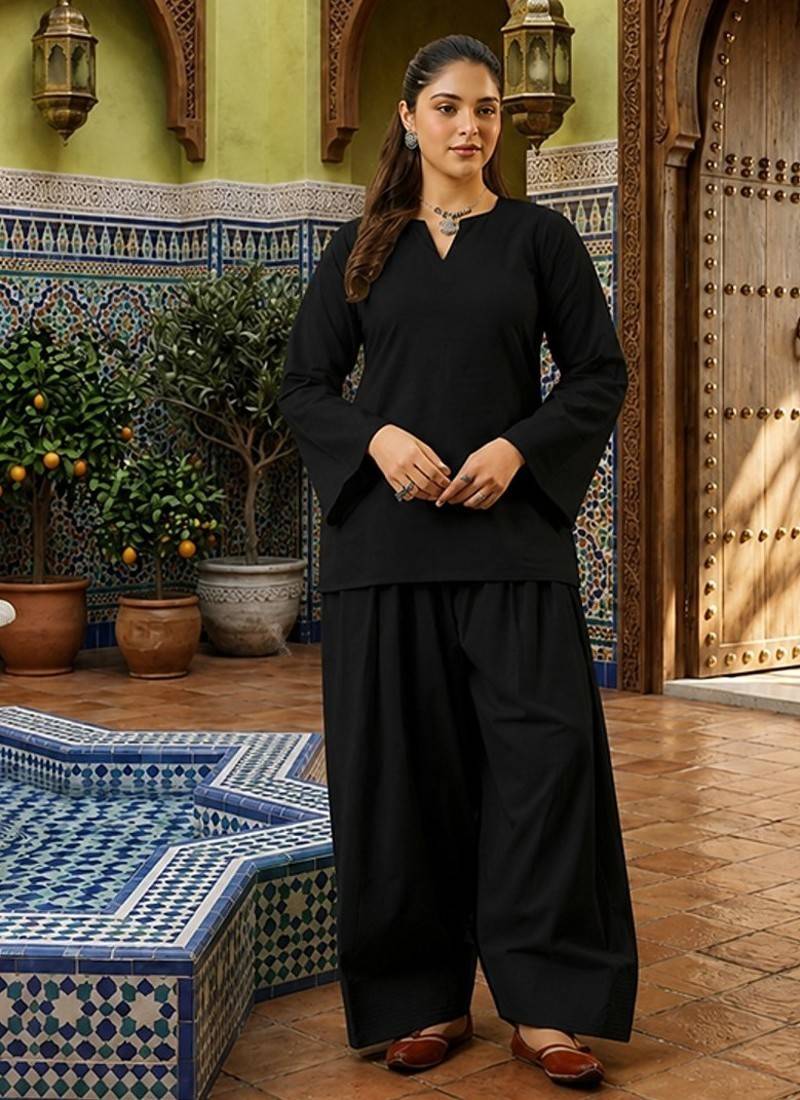 black cotton blend solid semi stitched suit