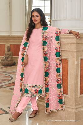 pink georgette embroidered & sequined semi stitched suit 1